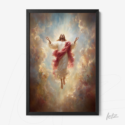 quadro com arte religiosa retratando a ascensão de Jesus em moldura preta