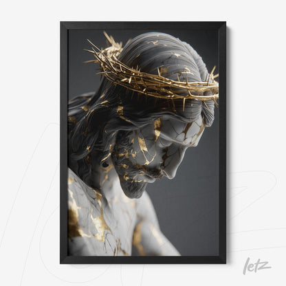 quadro com escultura de Cristo com detalhes em folha de ouro e coroa de espinhos, em moldura preta