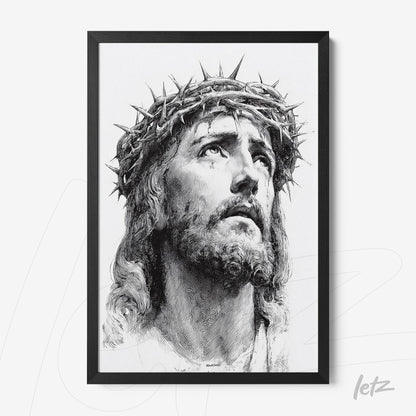 quadro com retrato de Jesus Cristo com coroa de espinhos em moldura preta