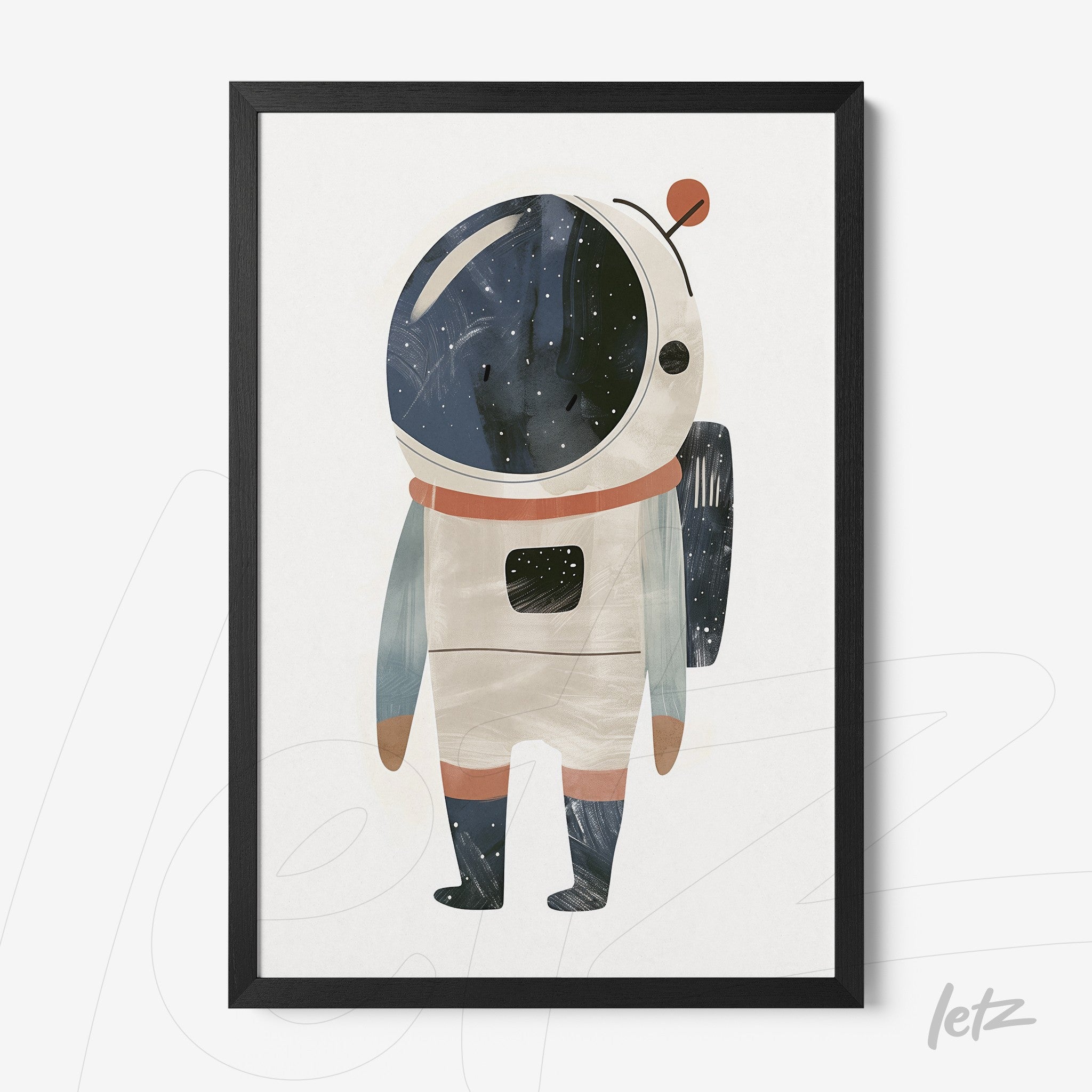 quadro com ilustração de astronauta em estilo texturizado com fundo espacial em moldura preta