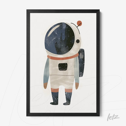 quadro com ilustração de astronauta em estilo texturizado com fundo espacial em moldura preta