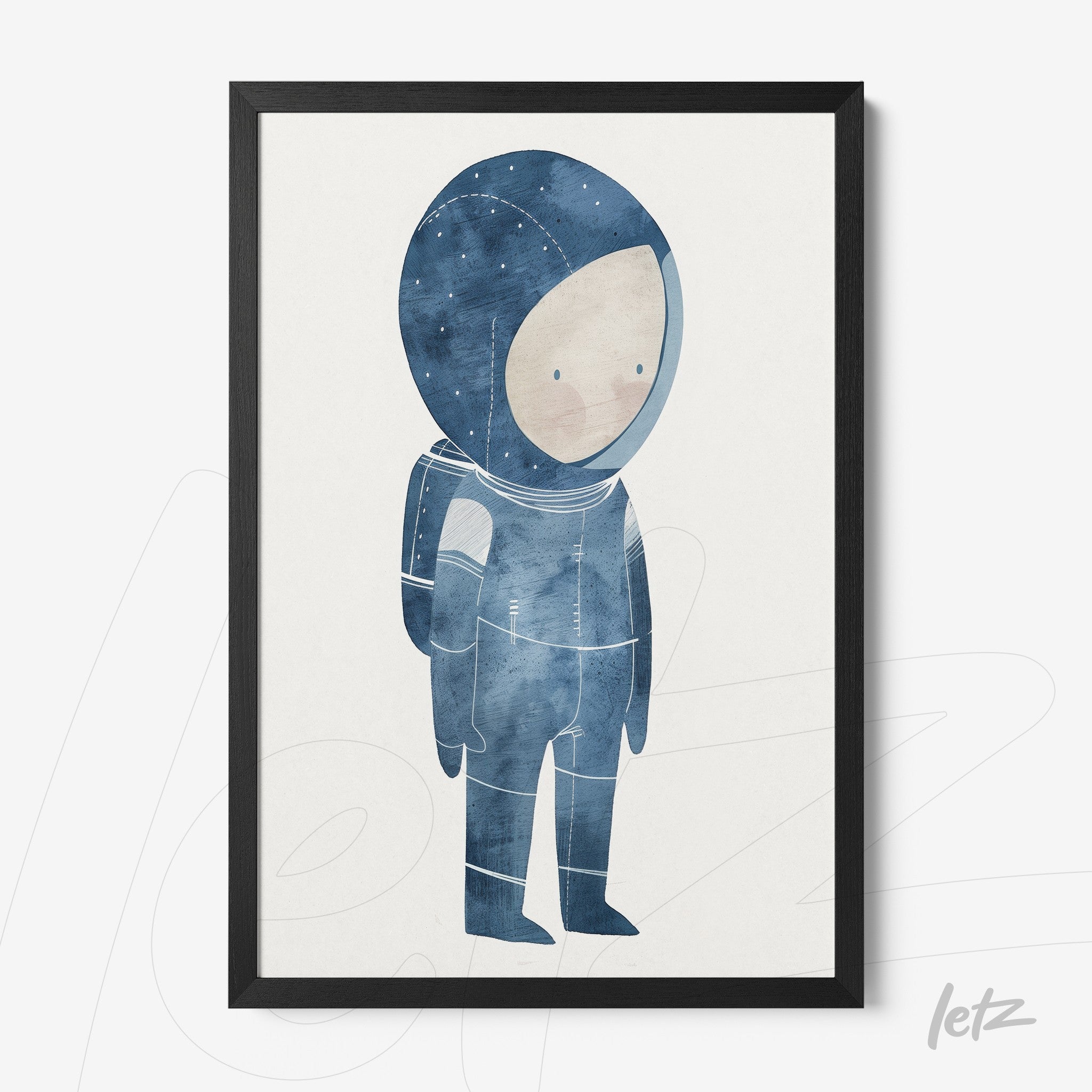 quadro com ilustração de astronauta infantil em azul, moldura preta