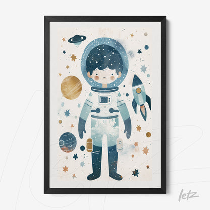 quadro com ilustração infantil de astronauta com fundo cósmico em moldura preta