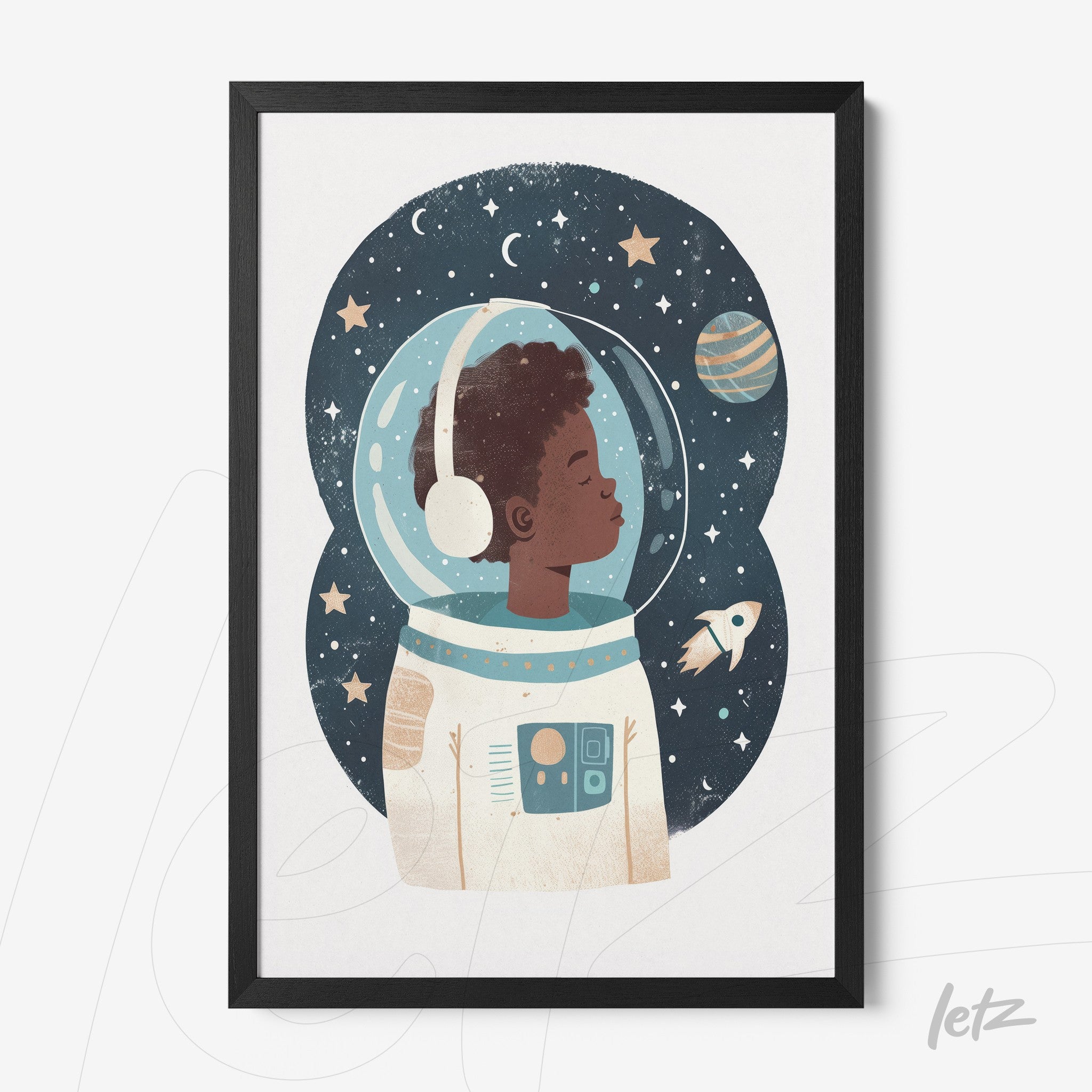 quadro com arte de um astronauta negro em traje espacial, moldura preta, fundo noturno com estrelas e planetas