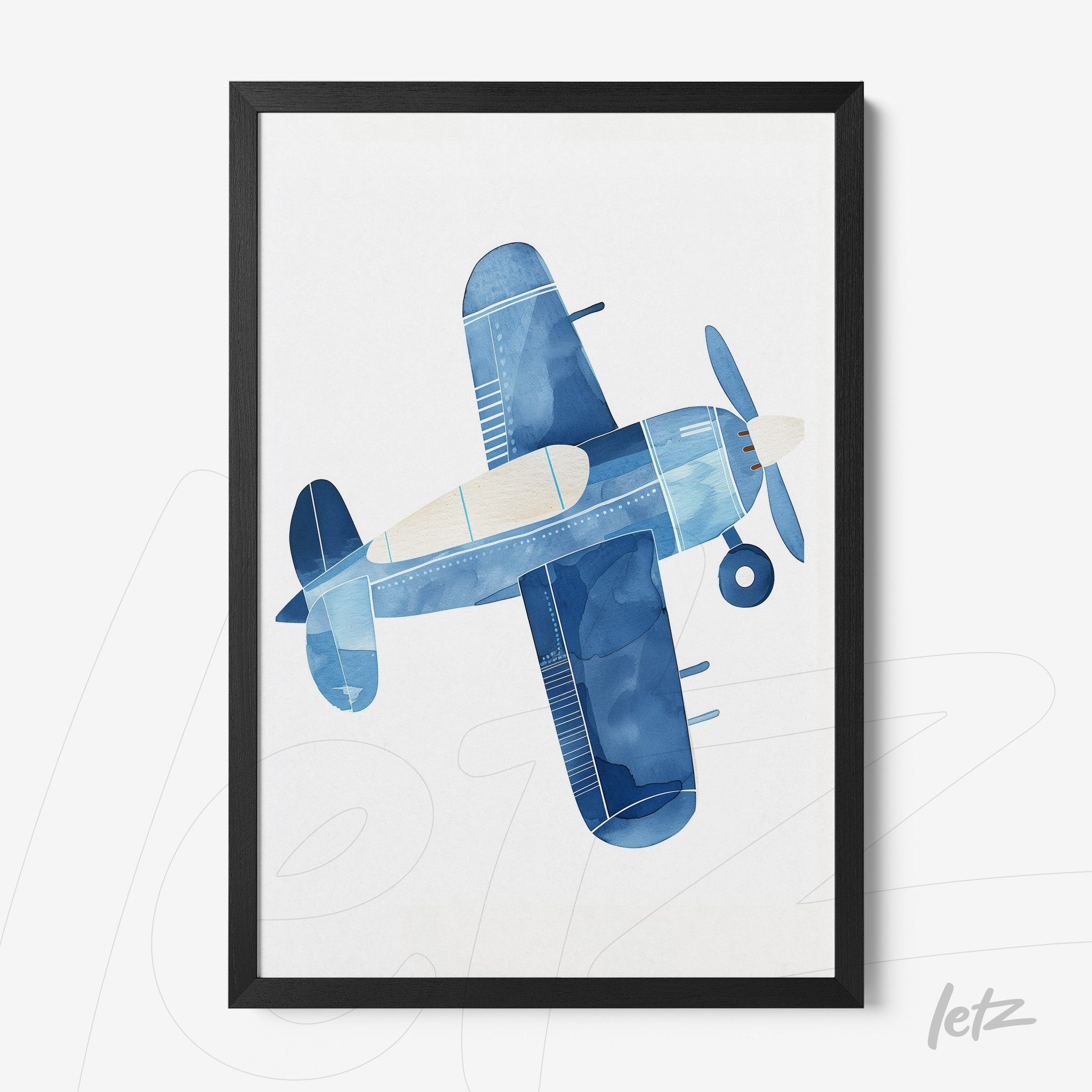 quadro com arte digital de avião em tons de azul com moldura preta