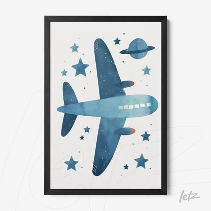 quadro com ilustração em aquarela de avião em azul sobre fundo branco com estrelas e planeta