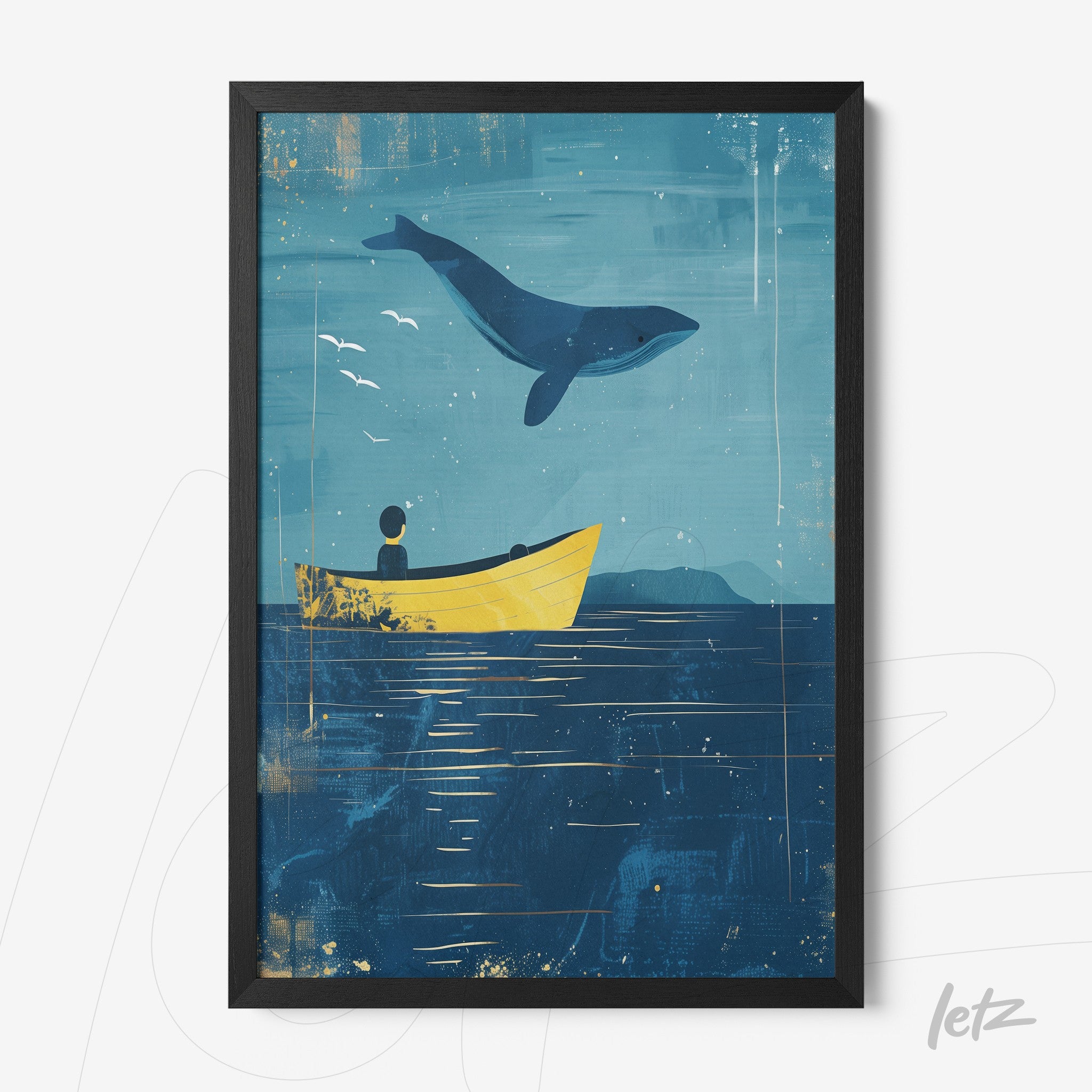 quadro emoldurado com arte digital de uma baleia saltando sobre um barco amarelo em fundo azul
