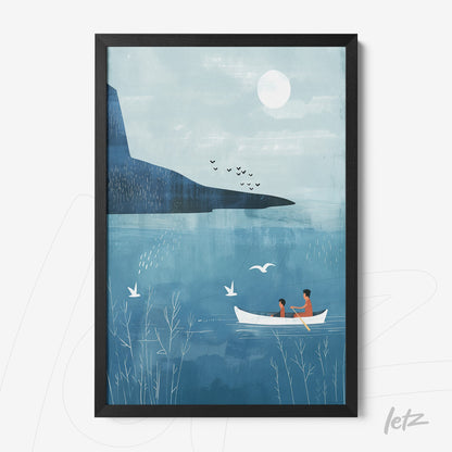 quadro com ilustração minimalista de casal em barco em lago calmo com fundo azul e montanhas ao longe