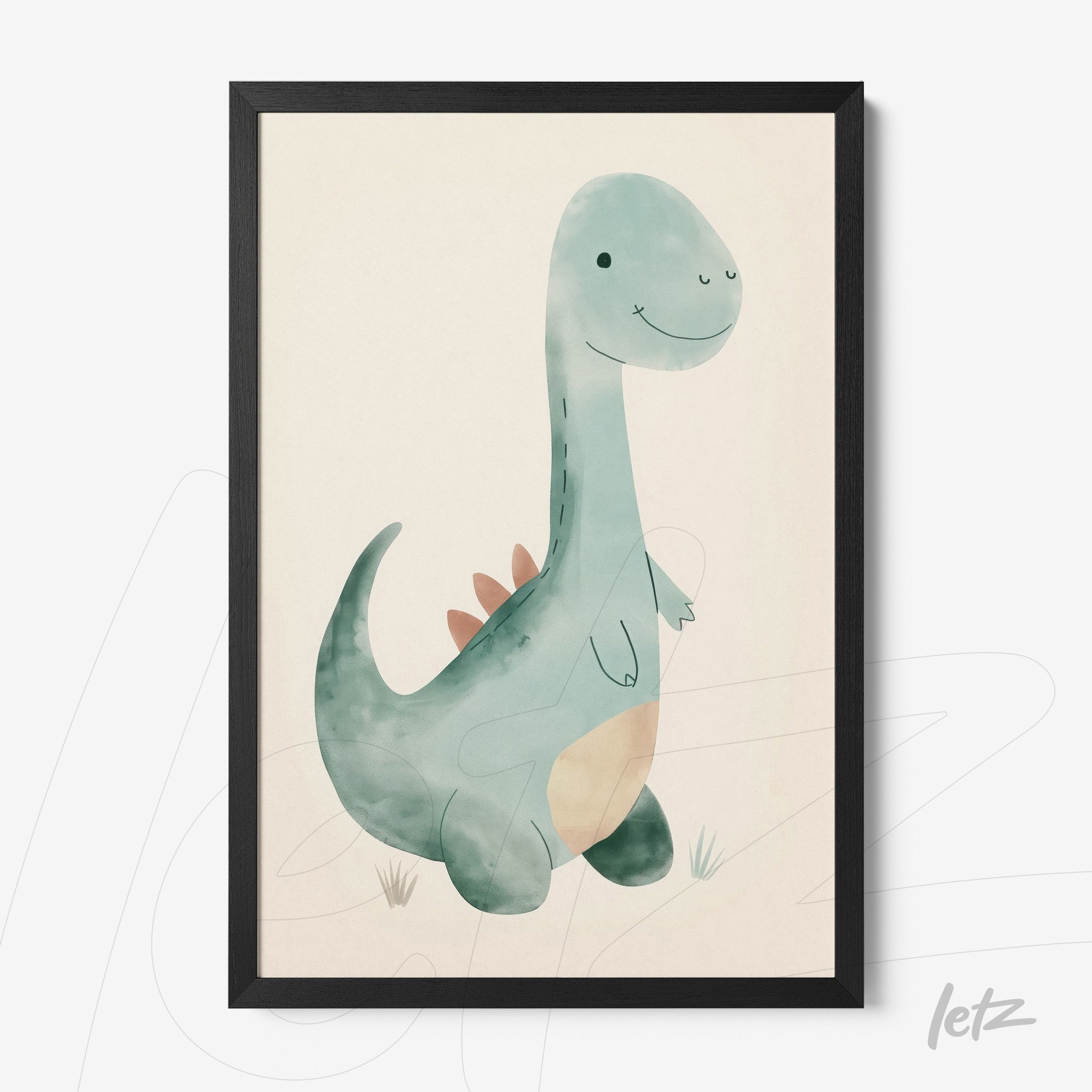 quadro com arte infantil de dinossauro em moldura preta fina, fundo neutro