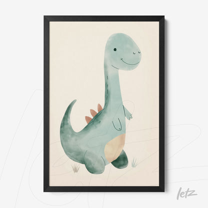 quadro com arte infantil de dinossauro em moldura preta fina, fundo neutro