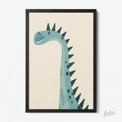 quadro com ilustração de dinossauro em tons de azul, com moldura preta