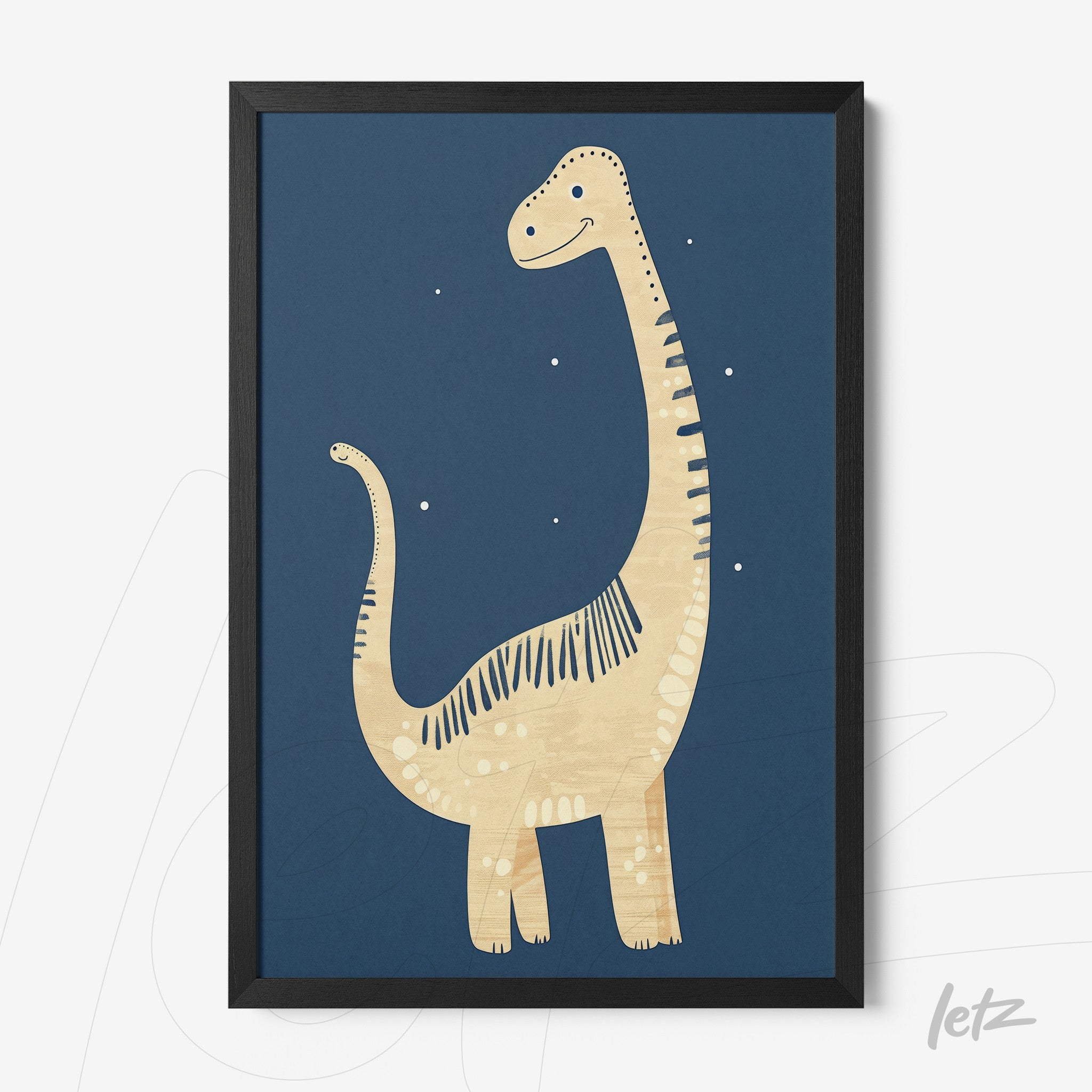 quadro com ilustração de dinossauro amarelo sobre fundo azul escuro em moldura preta