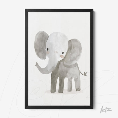 quadro com ilustração de elefante em estilo aquarelado com moldura preta