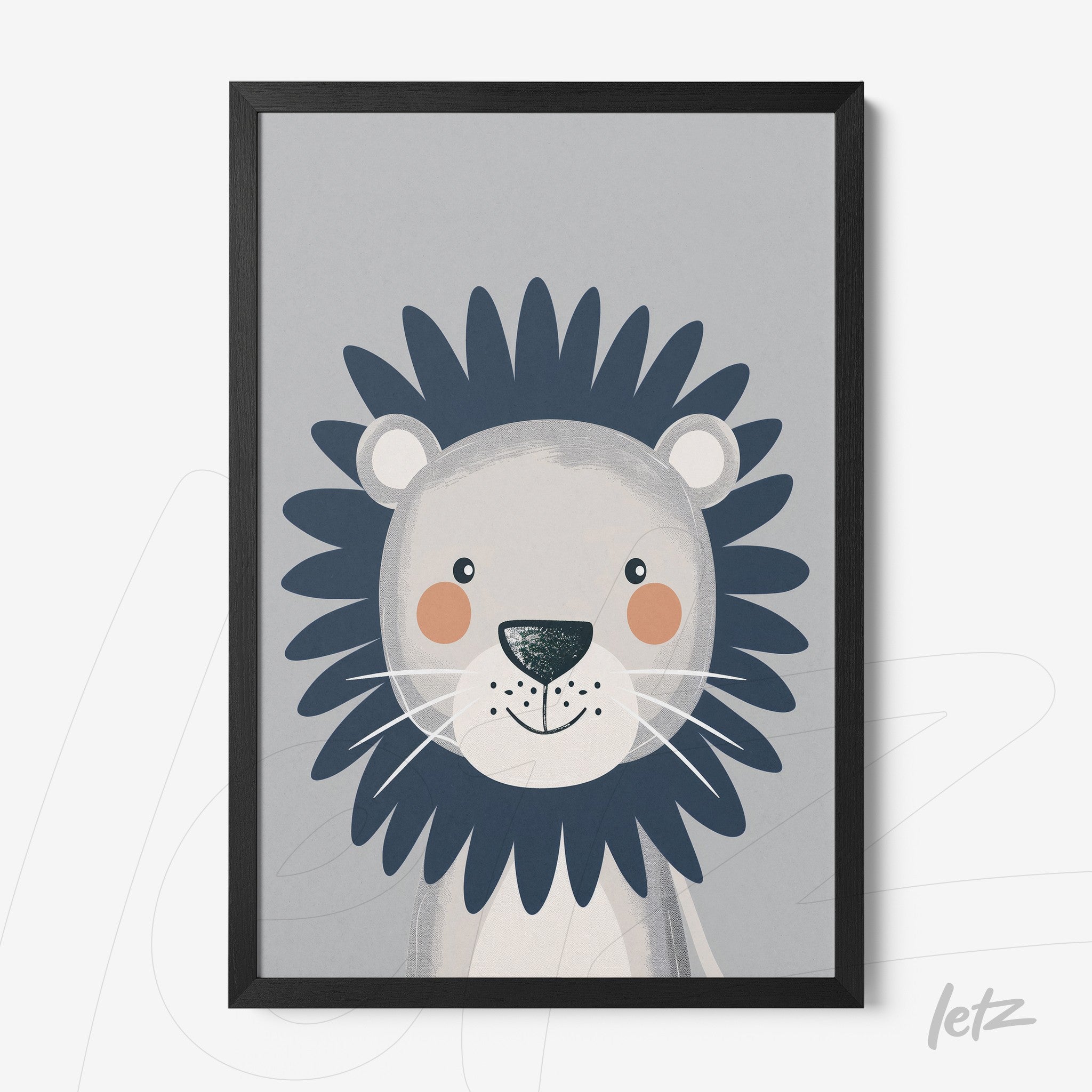 quadro com ilustração de leão sorridente em fundo cinza e moldura preta