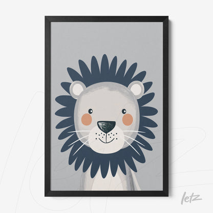 quadro com ilustração de leão sorridente em fundo cinza e moldura preta