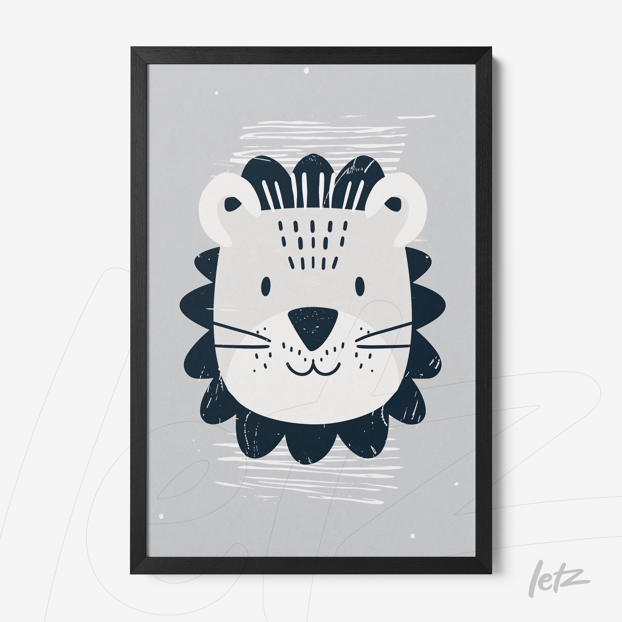 quadro com ilustração de leão estilizado em moldura preta sobre fundo cinza