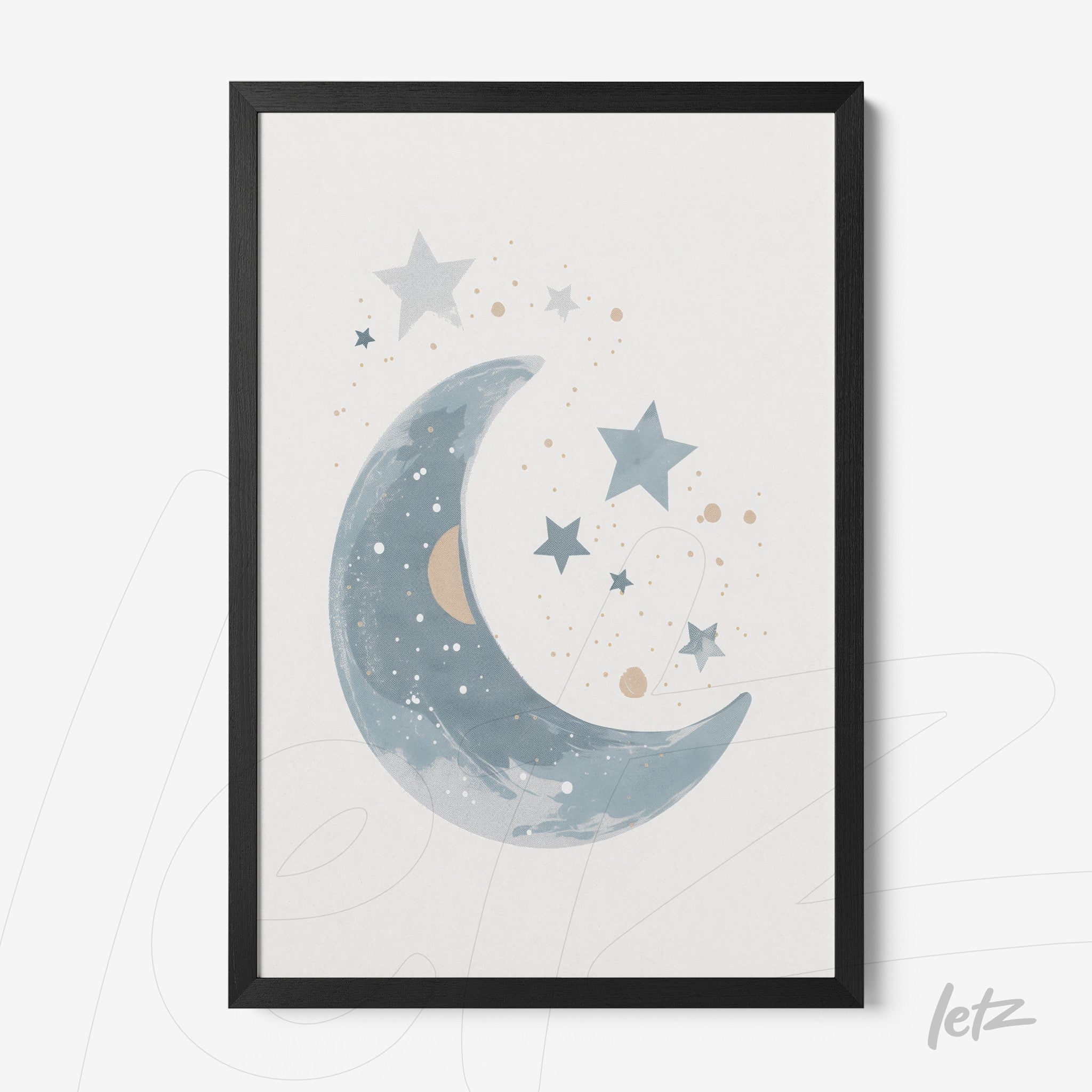 quadro com ilustração do céu noturno, incluindo uma lua em tons de azul e estrelas douradas em moldura preta