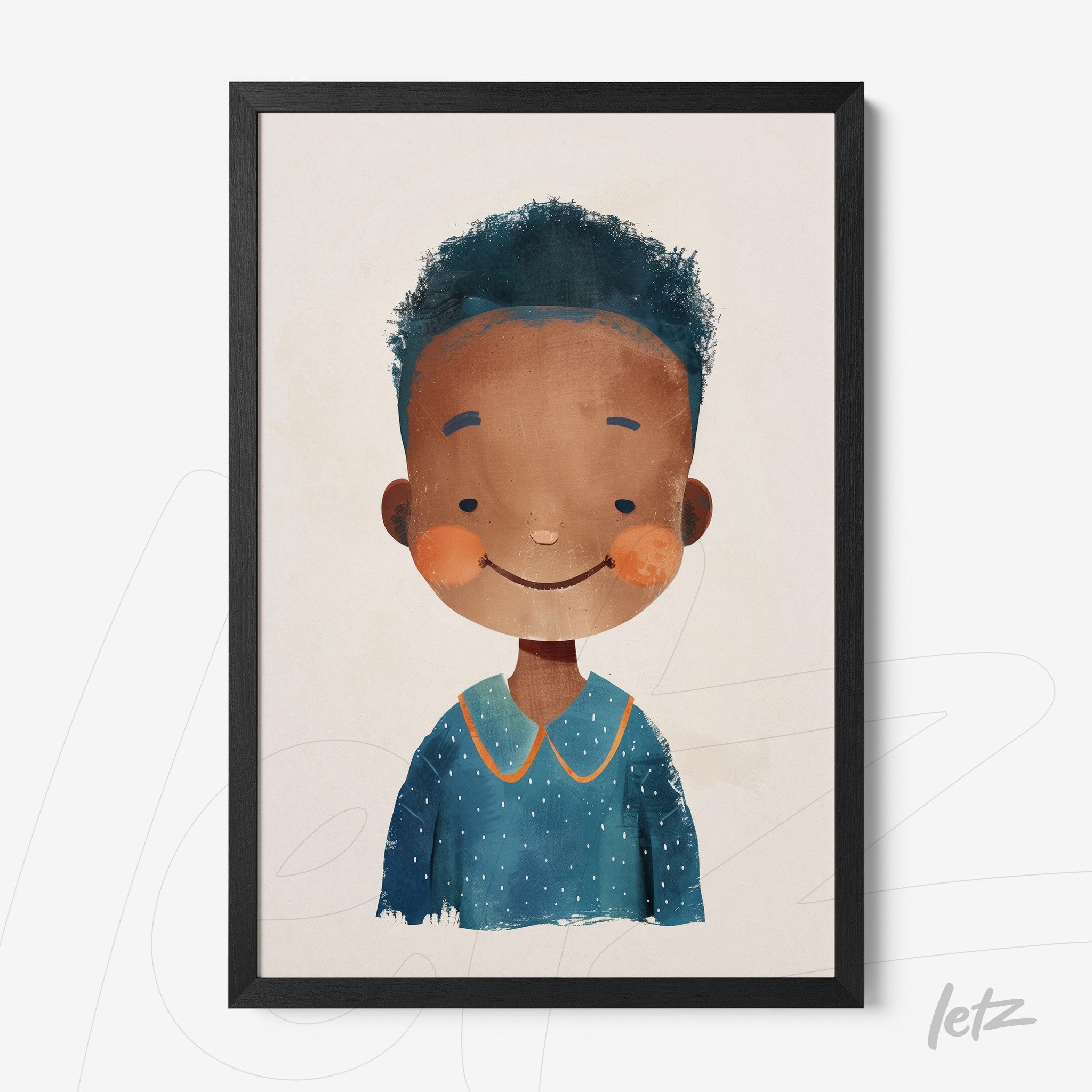 quadro com ilustração de uma criança sorridente com cabelo crespo e blusa azul, moldura preta