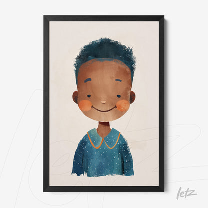 quadro com ilustração de uma criança sorridente com cabelo crespo e blusa azul, moldura preta