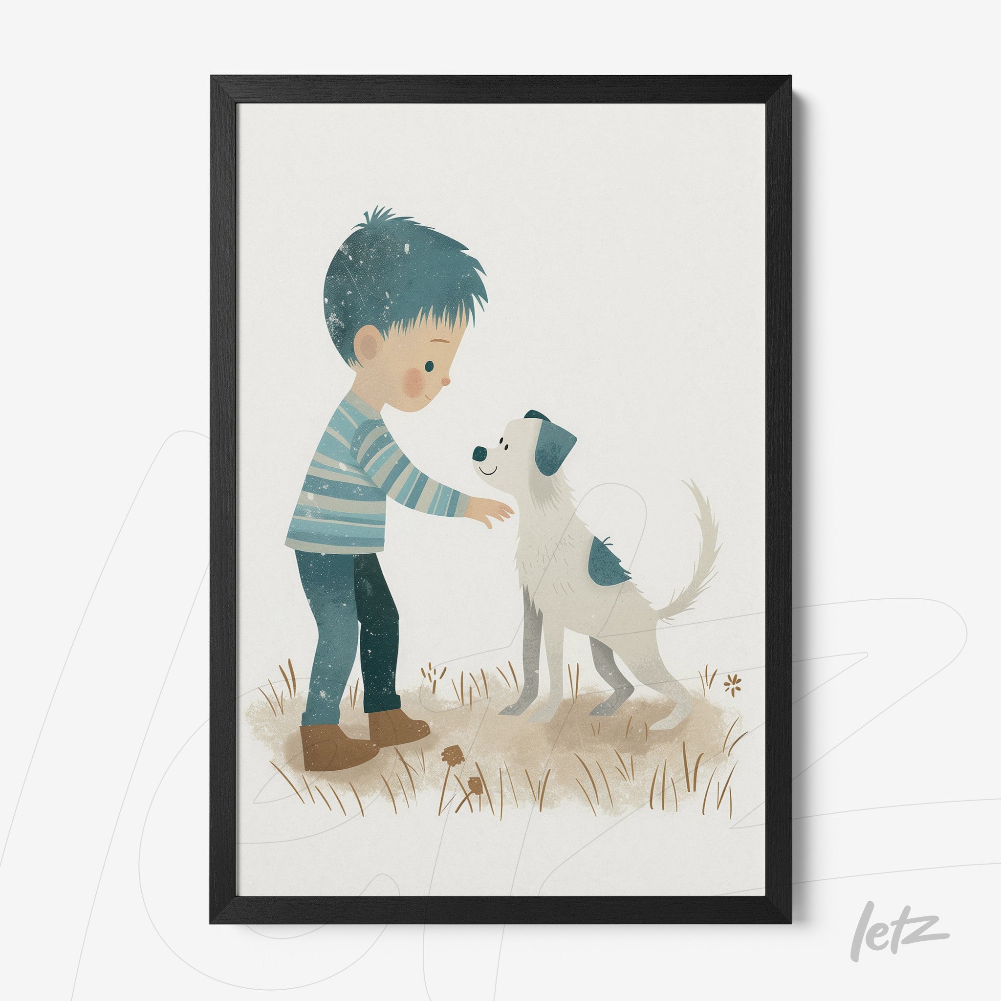 quadro com ilustração infantil de menino interagindo com cachorro em moldura preta