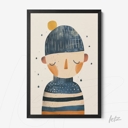 quadro com ilustração de um personagem com gorro e suéter listrado em moldura preta