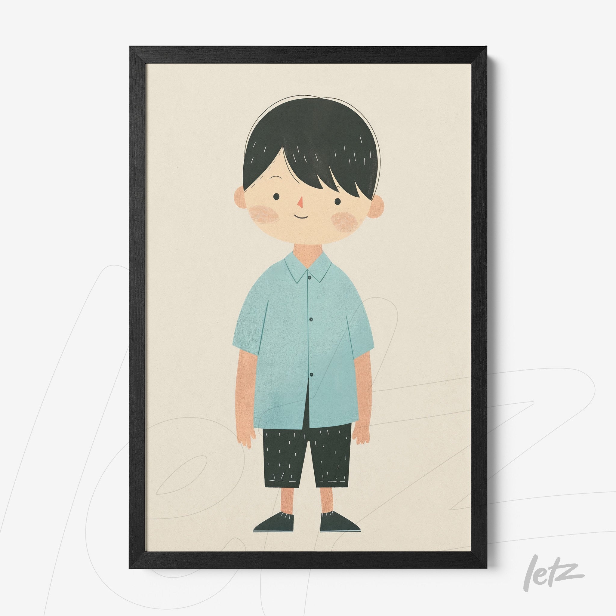quadro com ilustração infantil de menino sorridente usando camisa azul e calças escuras, em moldura preta