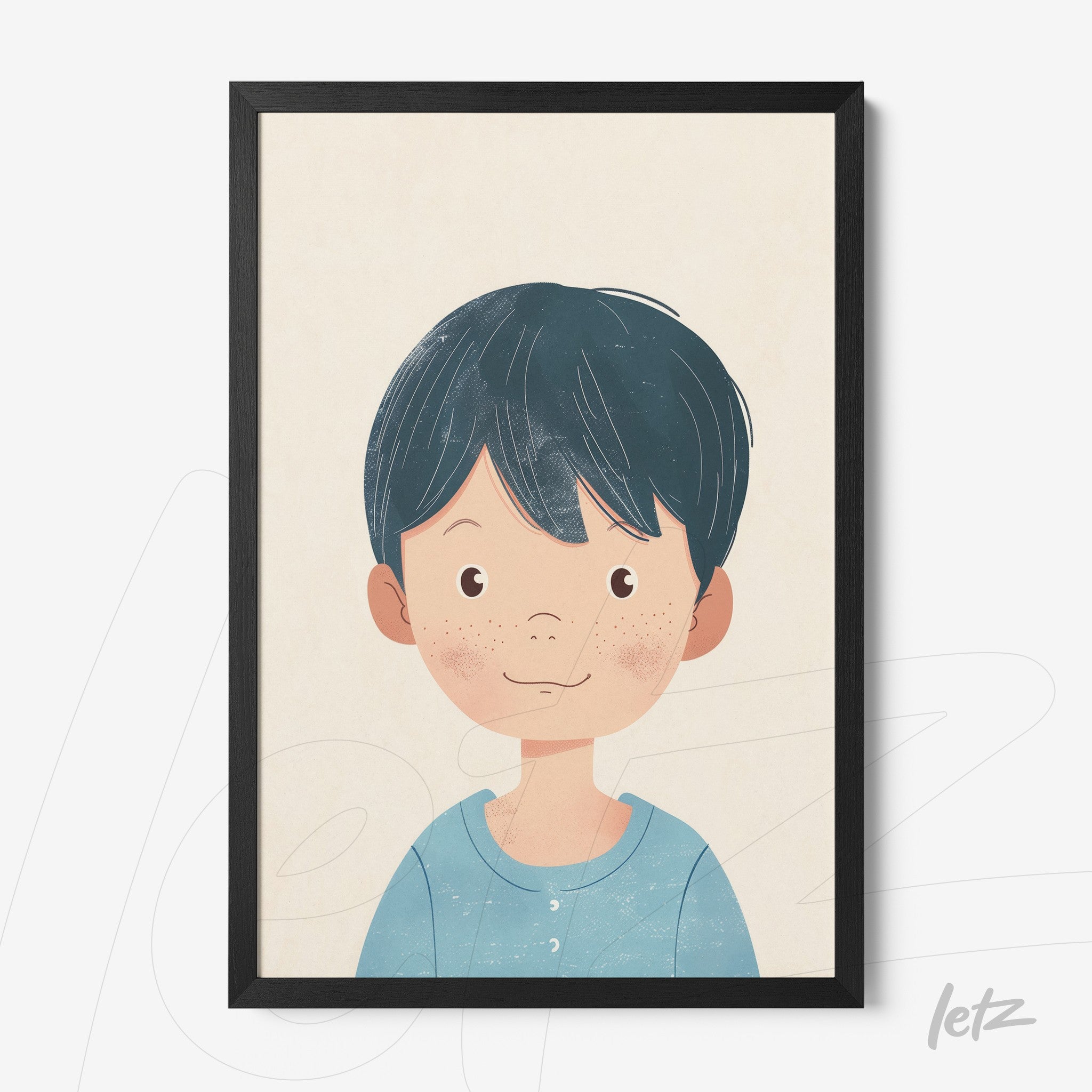 quadro com ilustração infantil de menino sorridente com cabelo curto e preto em moldura preta