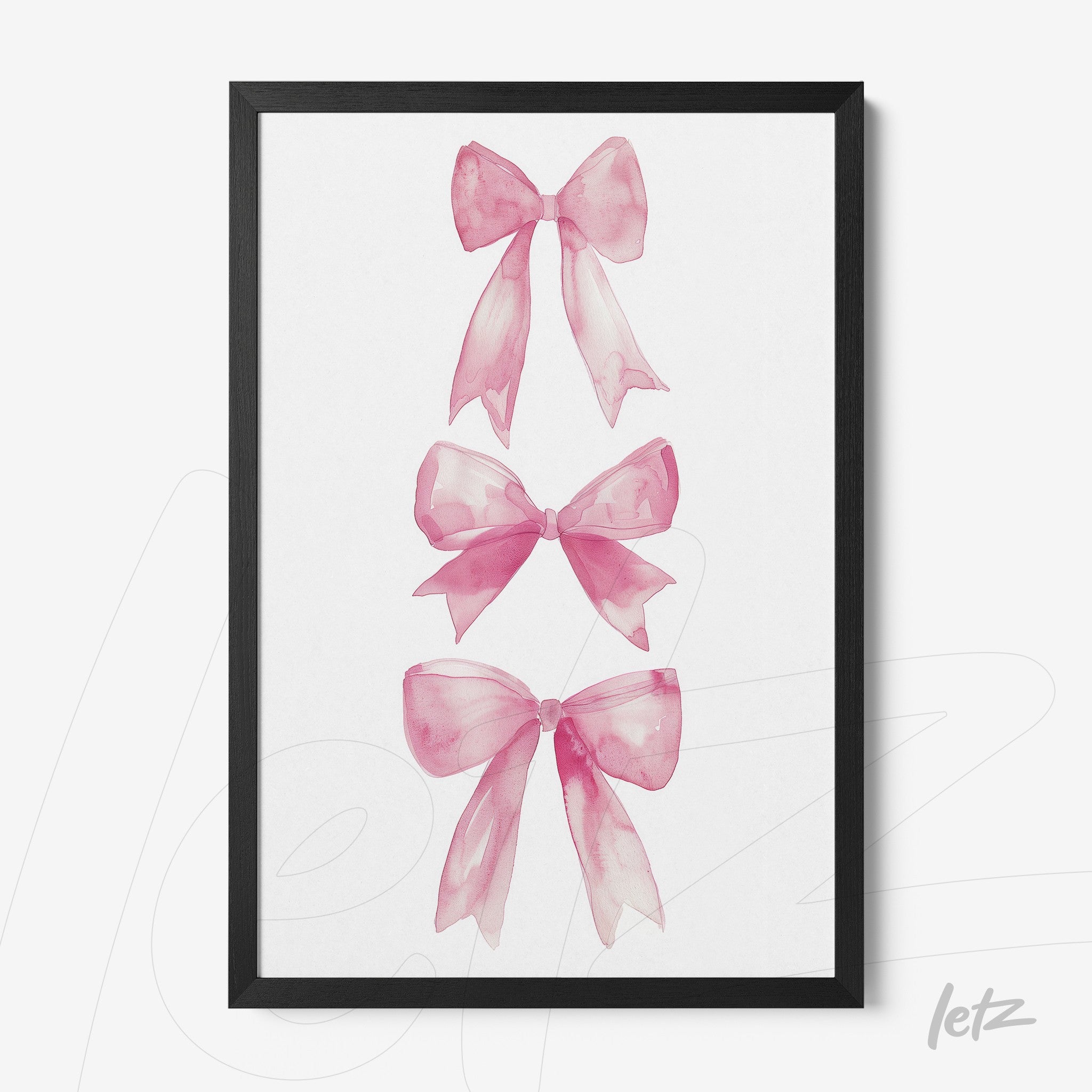 quadro com aquarela de laços rosa em moldura preta