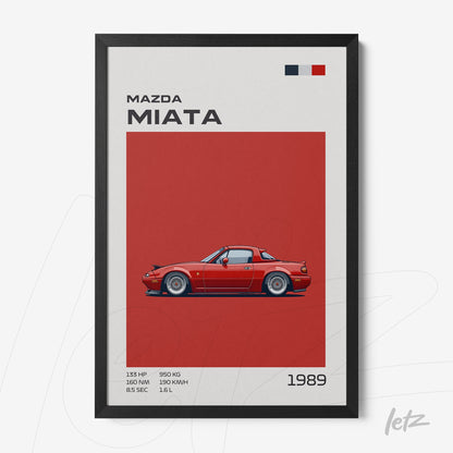 quadro com arte digital de carro Mazda Miata em fundo vermelho e moldura preta