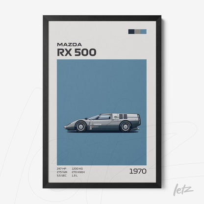 quadro com ilustração do carro Mazda RX 500 em moldura preta, com fundo azul e informações técnicas dispostas à direita