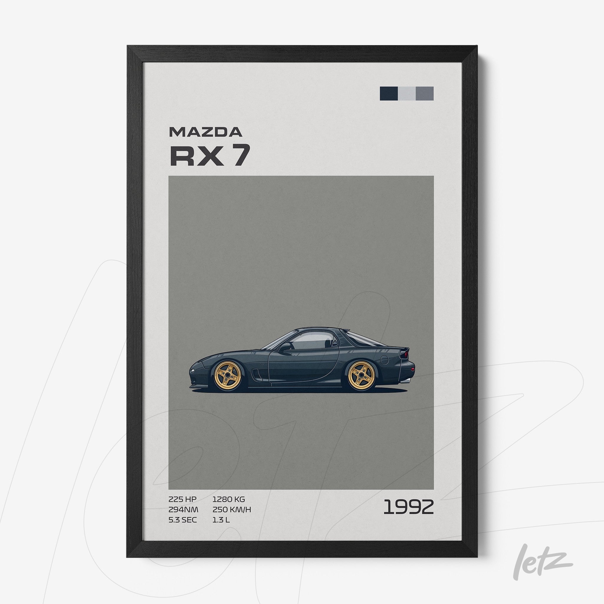 quadro com arte digital do carro Mazda RX 7 de 1992 em moldura preta fina