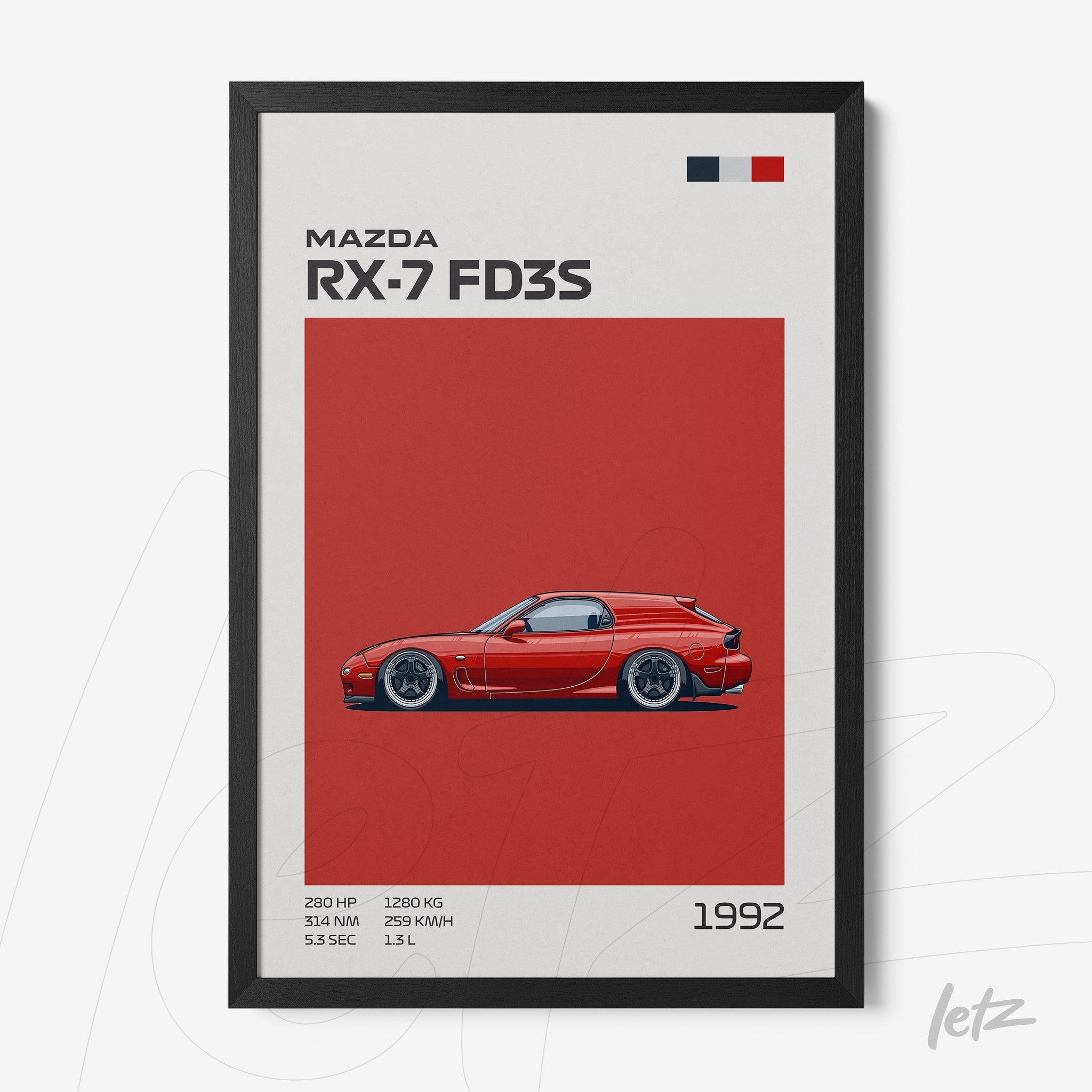 quadro com ilustração estilizada do carro Mazda RX-7 FD3S em fundo vermelho com moldura preta