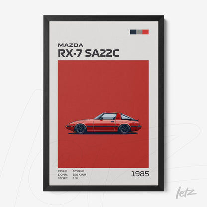 quadro com ilustração minimalista do carro Mazda RX-7 SA22C em moldura preta