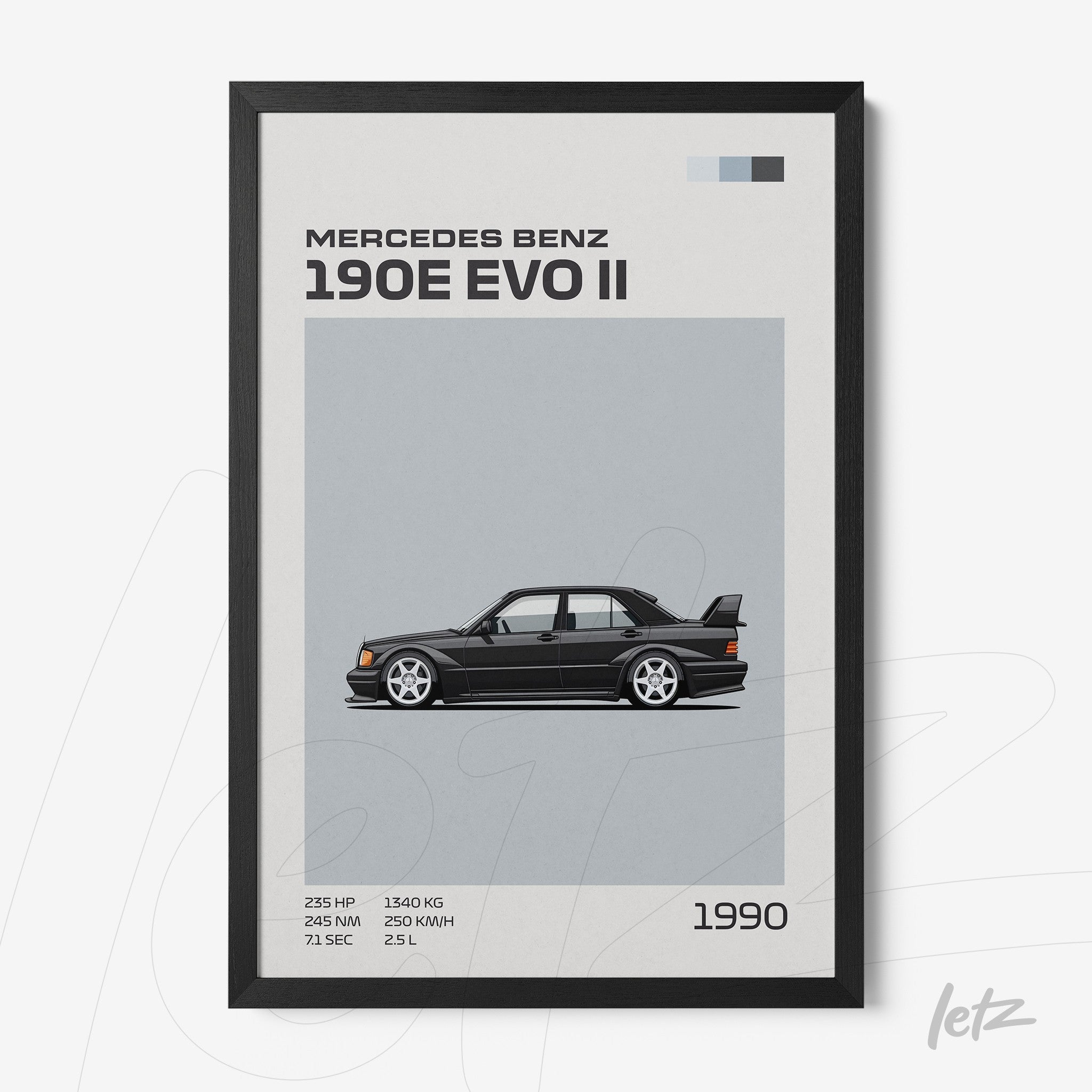 quadro com arte gráfica do carro Mercedes Benz 190E EVO II em moldura preta