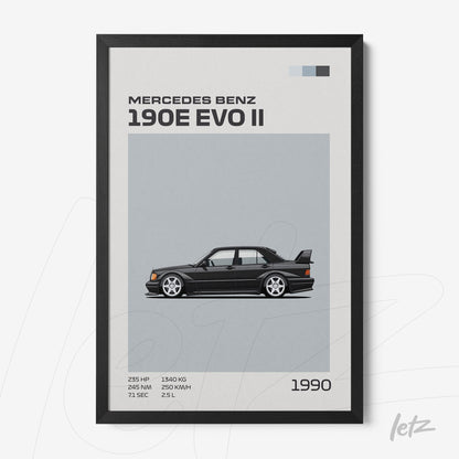 quadro com arte gráfica do carro Mercedes Benz 190E EVO II em moldura preta