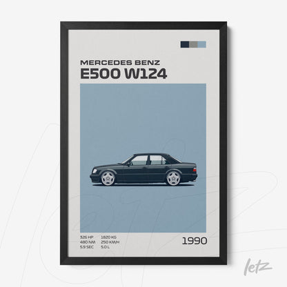 quadro com arte de carro clássico Mercedes Benz E500 W124 em fundo azul e moldura preta