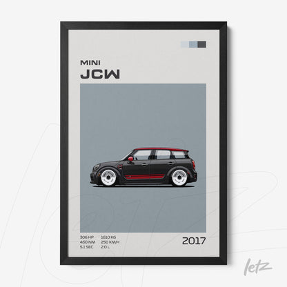 quadro com ilustração estilizada de um carro Mini JCW em fundo cinza e moldura preta