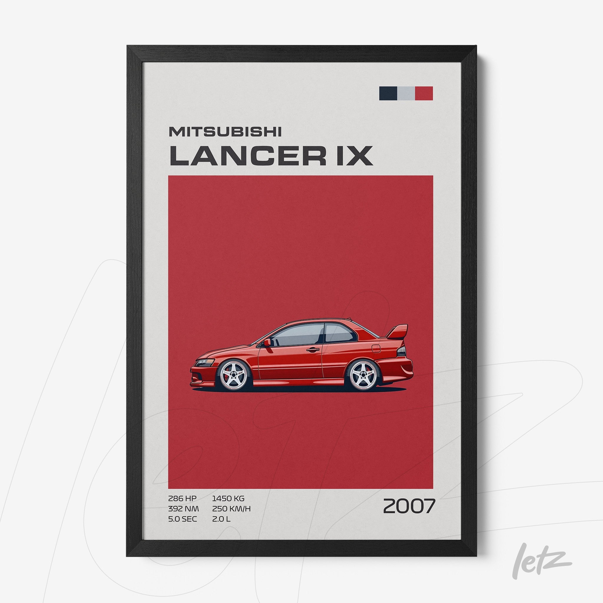quadro com ilustração estilizada do Mitsubishi Lancer IX em fundo vermelho e moldura preta