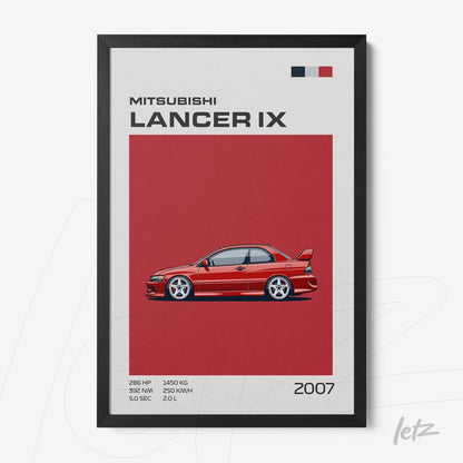 quadro com ilustração estilizada do Mitsubishi Lancer IX em fundo vermelho e moldura preta