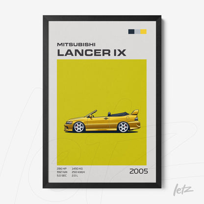 quadro com arte gráfica de um carro Mitsubishi Lancer IX amarelo em moldura preta