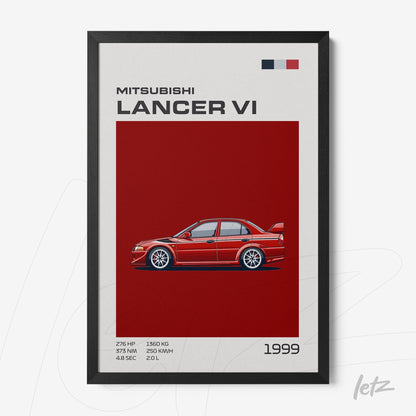 quadro com ilustração do carro Mitsubishi Lancer VI de 1999 em moldura preta