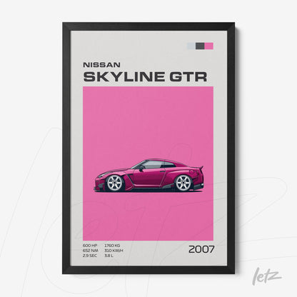 quadro com arte digital de carro Nissan Skyline GTR em fundo rosa e moldura preta