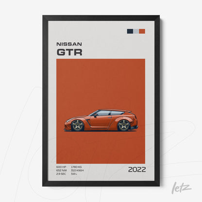 quadro com arte em estilo minimalista do carro Nissan GTR 2022 em moldura preta