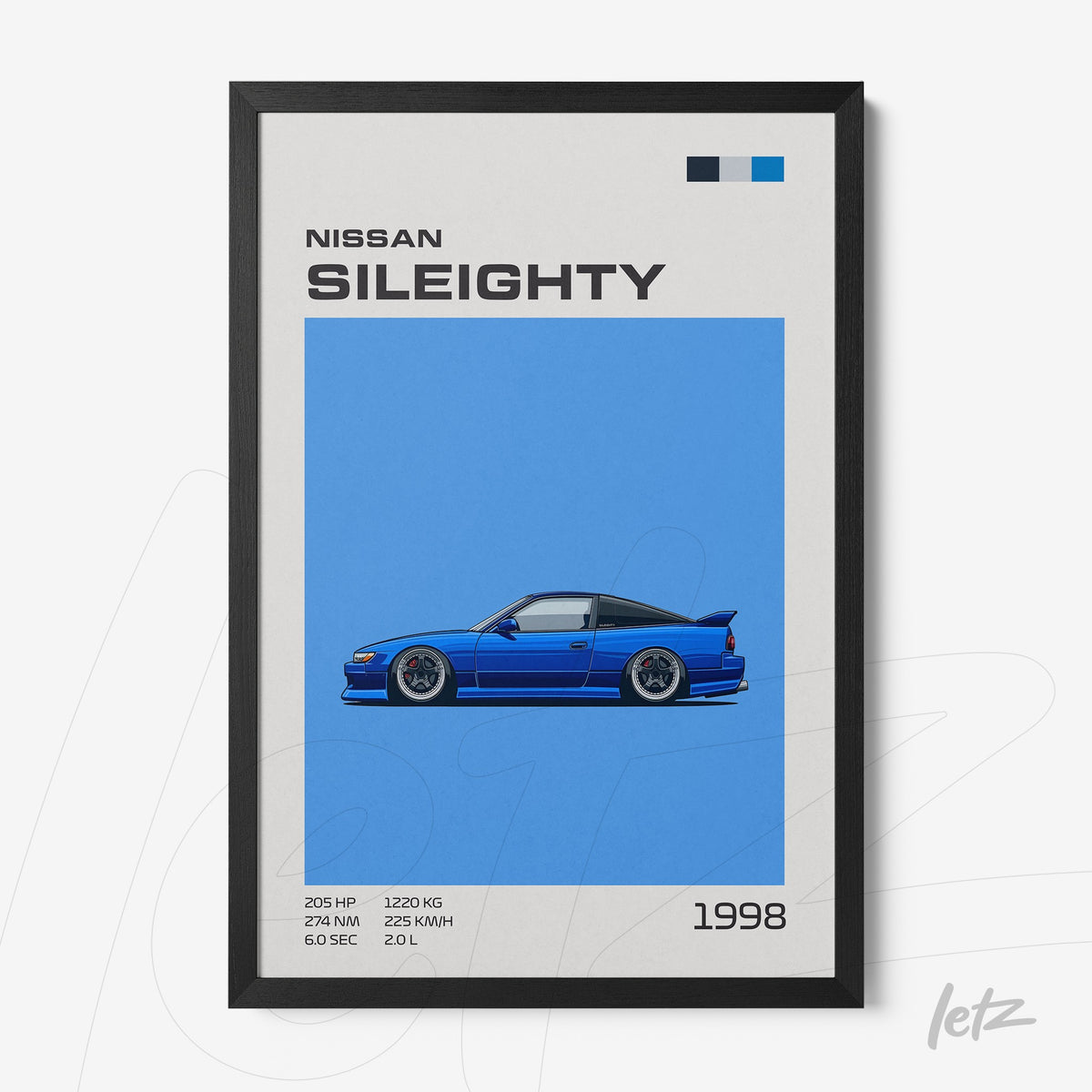 quadro com ilustração digital de um carro Nissan Sil80 em fundo azul, moldura preta e detalhes gráficos como informações técnicas