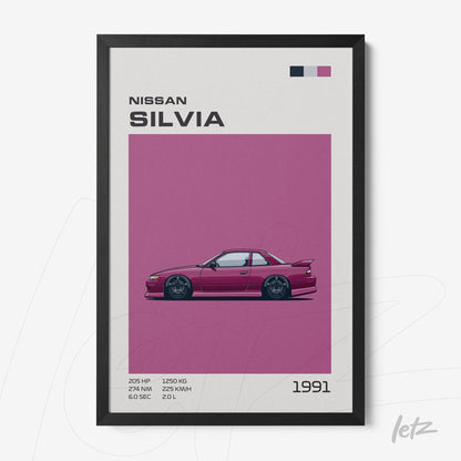 quadro com ilustração de carro Nissan Silvia em fundo rosa e moldura preta