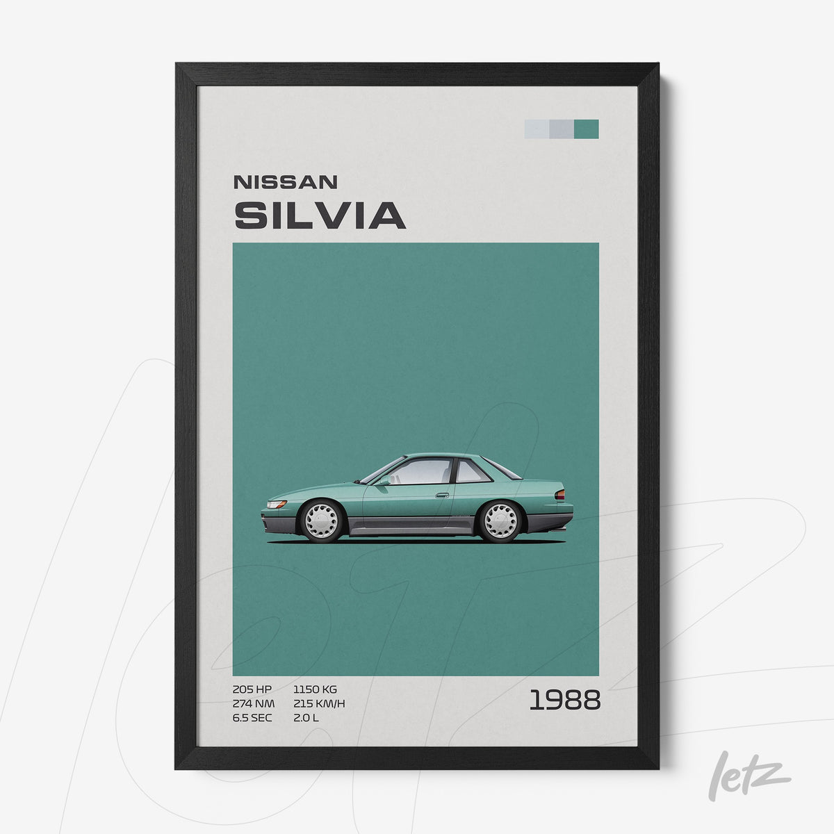 quadro com arte retrô de um carro Nissan Silvia em fundo azul-esverdeado e moldura preta