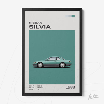 quadro com arte retrô de um carro Nissan Silvia em fundo azul-esverdeado e moldura preta
