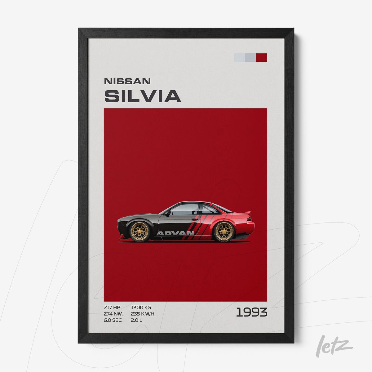 quadro com arte gráfica do carro Nissan Silvia de 1993 em moldura preta, fundo vermelho e detalhes estilizados
