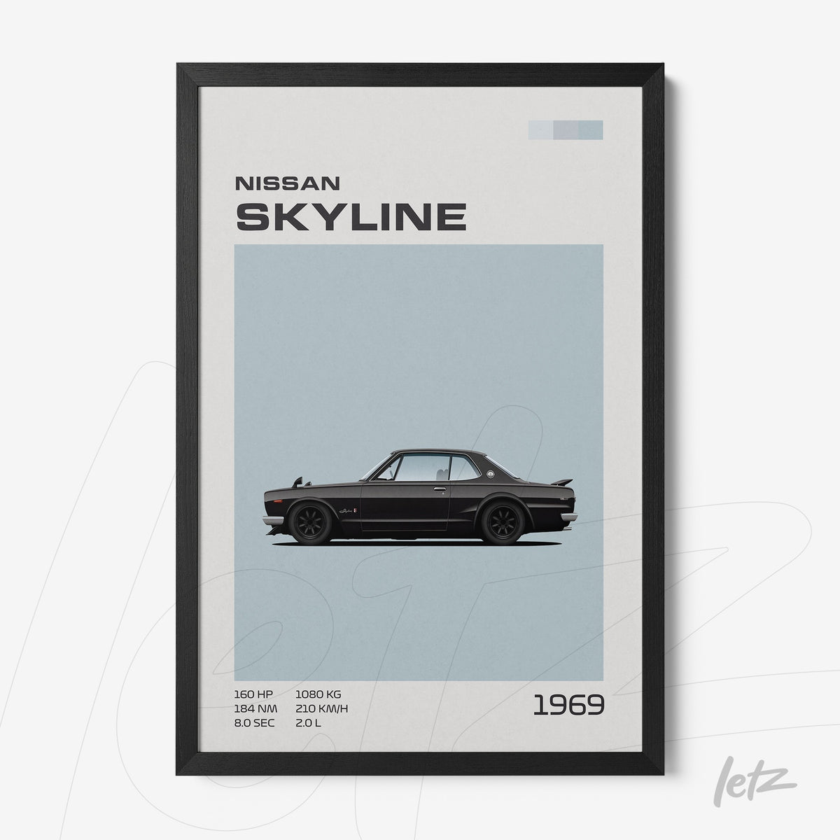 quadro com ilustração estilizada do carro Nissan Skyline 1969 em moldura preta