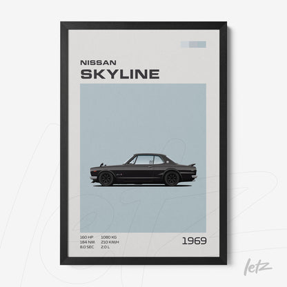 quadro com ilustração estilizada do carro Nissan Skyline 1969 em moldura preta